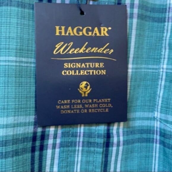 NWT Haggar Teal Plaid Button-Up Shirt Size S Easy Care Workwear Grandpacore - Picture 8 of 10